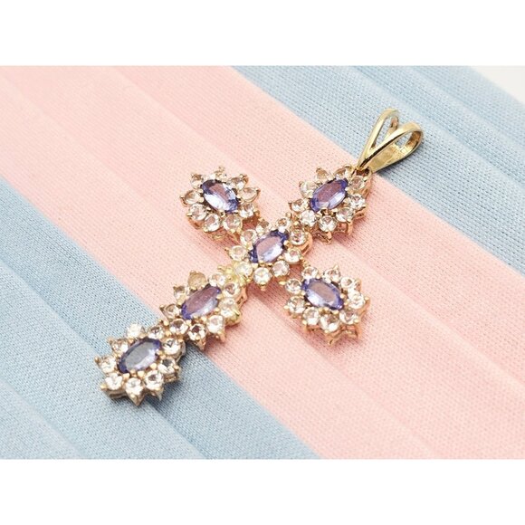 Unique 10K Karat Solid Yellow Gold Religious Tanzanite & CZ Cross Pendant Charm - Picture 3 of 13